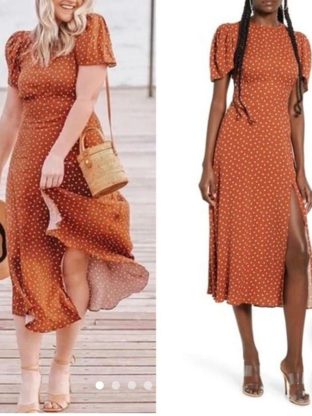 AFRM Rust Polka Dot Puff-Sleeve Midi Dress